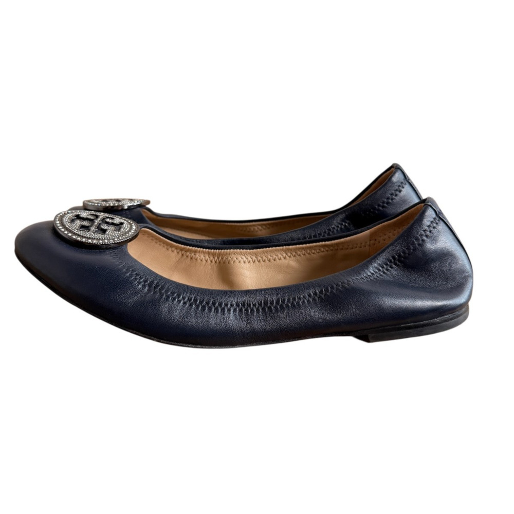 Tory Burch Liana Navy Napa Leather Ballet Flats Rhinestone Medallion Logo Sz 9 - Picture 3 of 12
